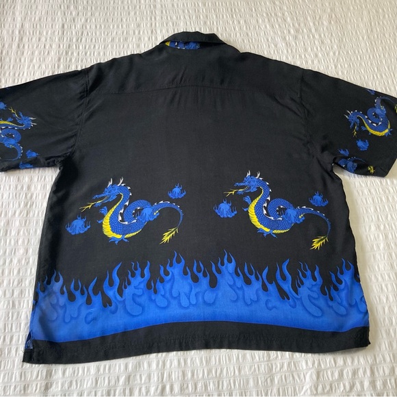 Y2K 90s J/E/T Streetwear Blue Dragon Flames Casual Hawaiian Style Mens XXL - Picture 4 of 11